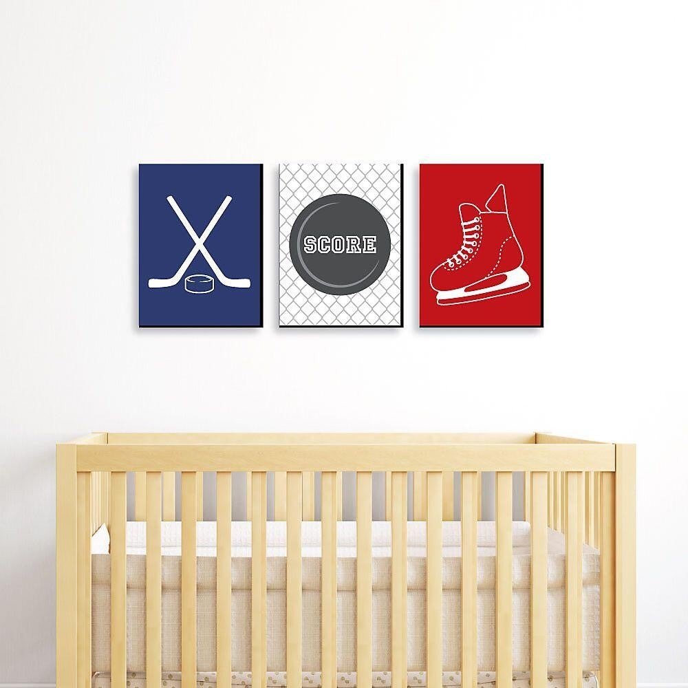 Shoots and Scores! - Hockey - Sports Themed Nursery Wall Art, Kids Room Decor and Game Room Home Decorations - 7.5 x 10 inches - Set of 3 Prints