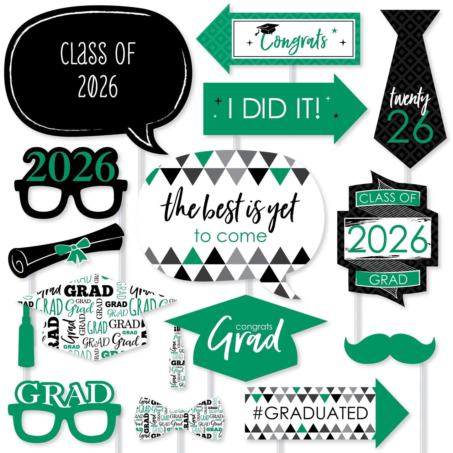 Green Grad - 2026 Graduation Party Photo Booth Props Kit - 20 Count