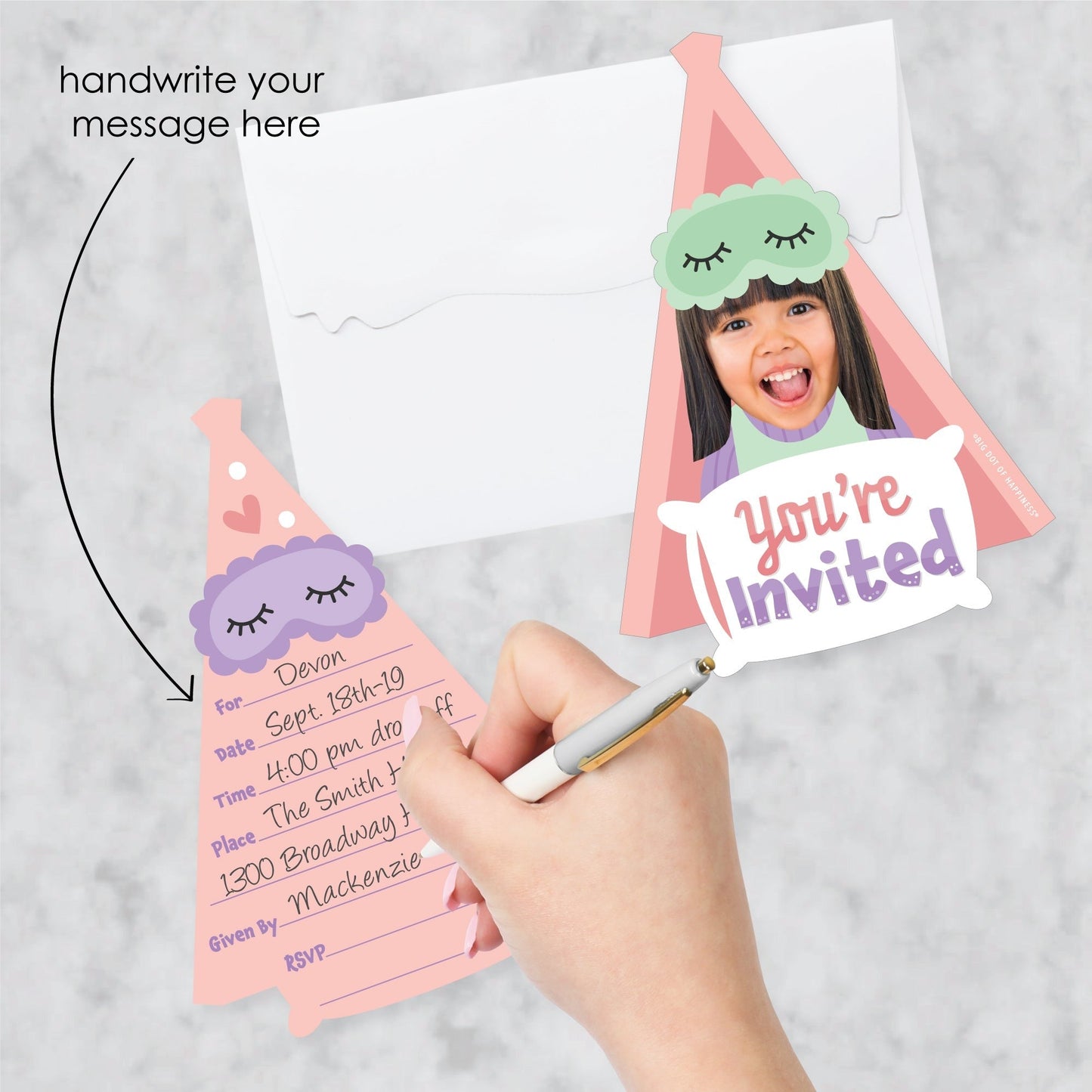 Custom Photo Pajama Slumber Party - Girls Sleepover Birthday Party Fun Face Shaped Fill-In Invitation Cards with Envelopes - Set of 12