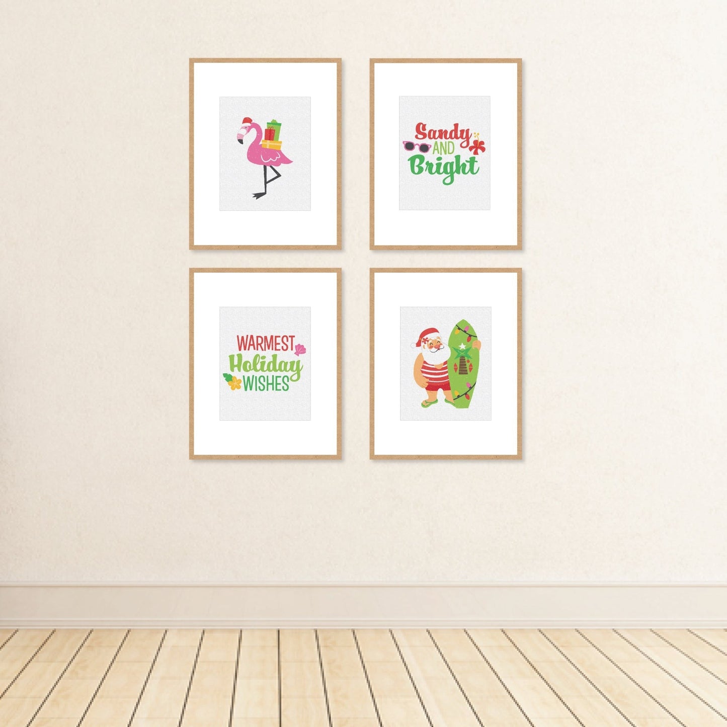 Tropical Christmas - Unframed Beach Santa and Flamingo Holiday Linen Paper Wall Art - Set of 4 - Artisms - 8 x 10 inches