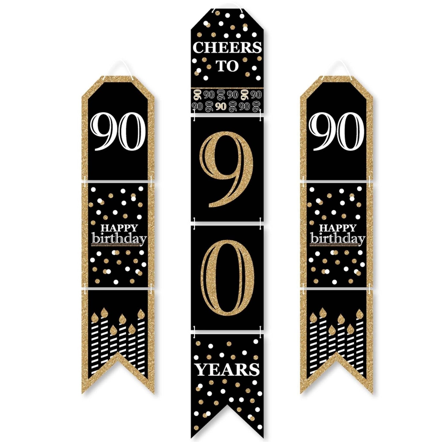 Adult 90th Birthday - Gold - Hanging Vertical Paper Door Banners - Birthday Party Wall Decoration Kit - Indoor Door Decor