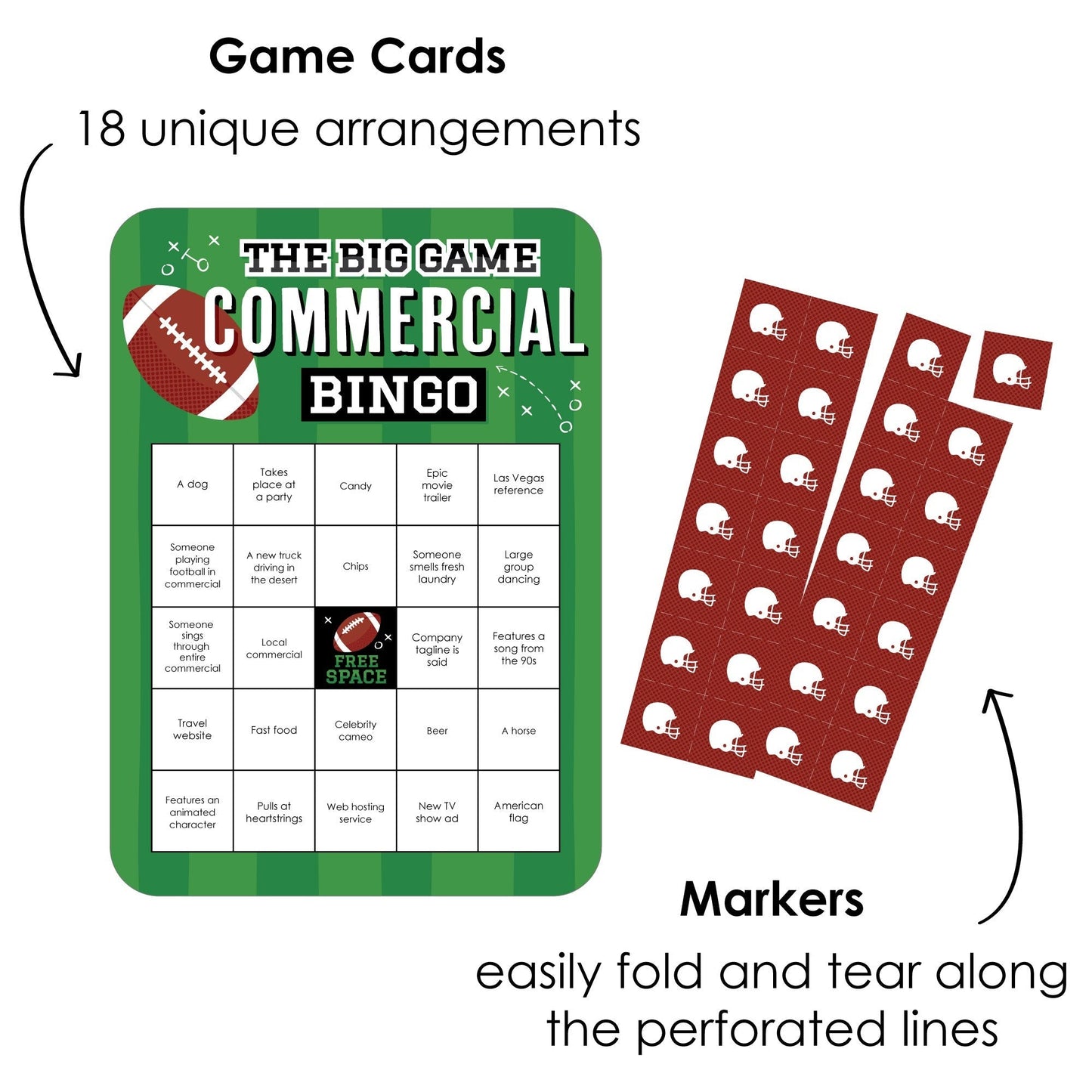 The Big Game - Commercial Bingo Cards and Markers - Football Party Shaped Bingo Game - Set of 18