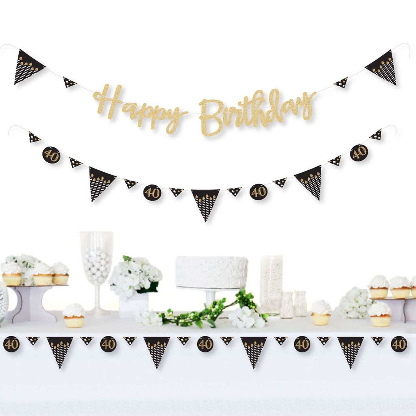 Adult 40th Birthday - Gold - Birthday Party Letter Banner Decoration - 36 Banner Cutouts and No-Mess Real Gold Glitter Happy Birthday Banner Letters