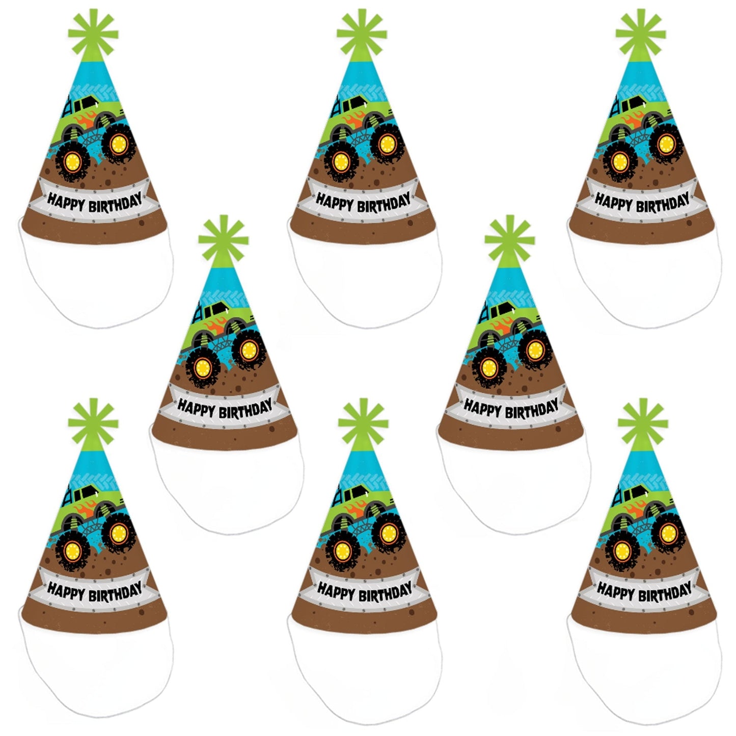 Smash and Crash - Monster Truck - Cone Happy Birthday Party Hats for Kids and Adults - Set of 8 (Standard Size)