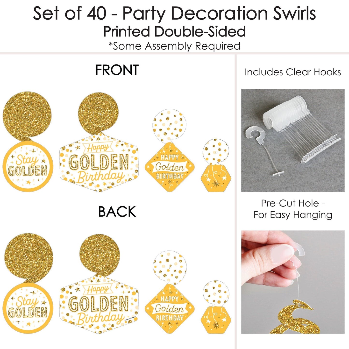 Golden Birthday - Happy Birthday Party Hanging Decor - Party Decoration Swirls - Set of 40