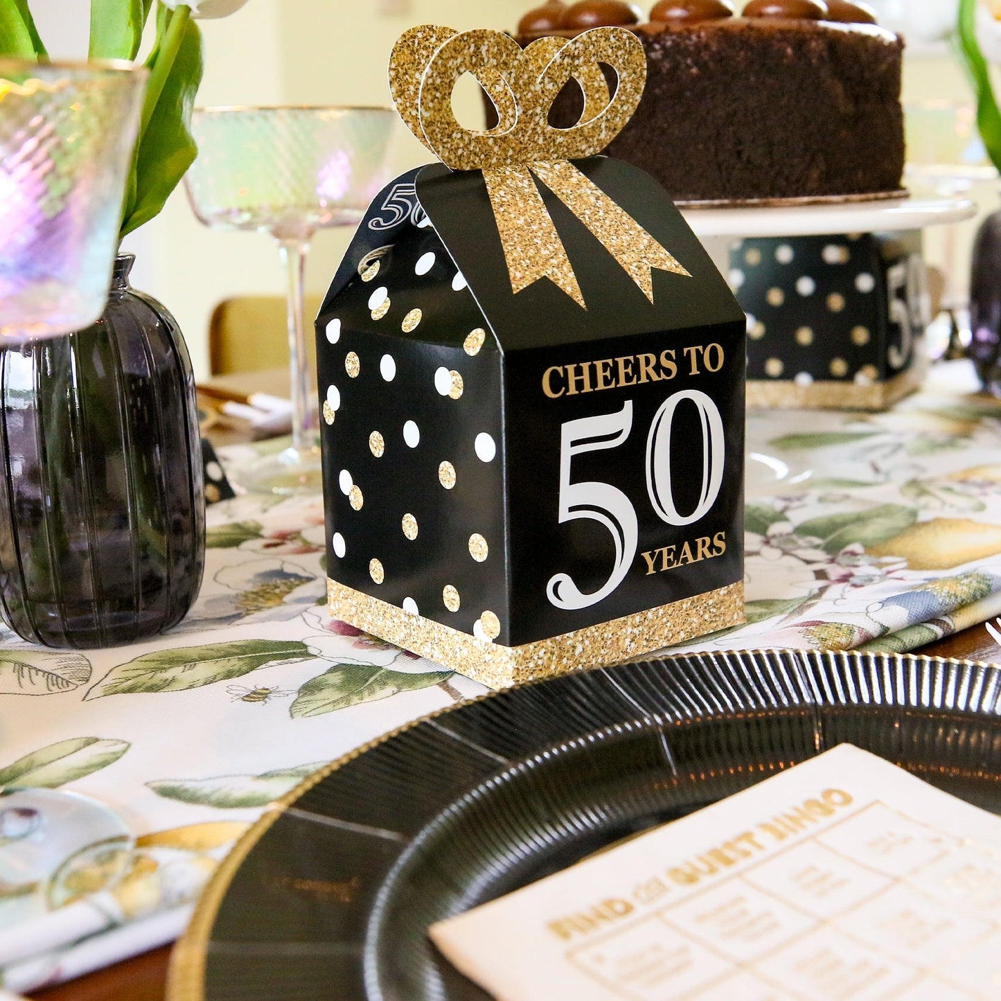 Adult 50th Birthday Square Favor Gift Boxes - Birthday Party Bow Boxes - Set of 12