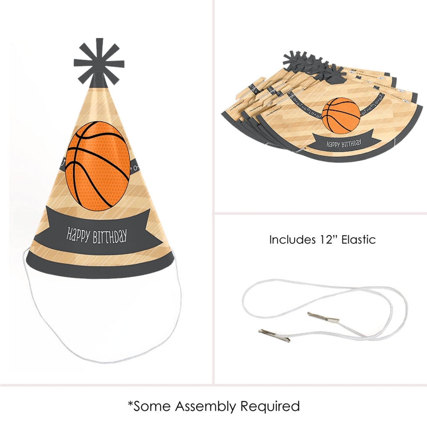 Nothin' but Net - Basketball - Cone Happy Birthday Party Hats for Kids and Adults - Set of 8 (Standard Size)
