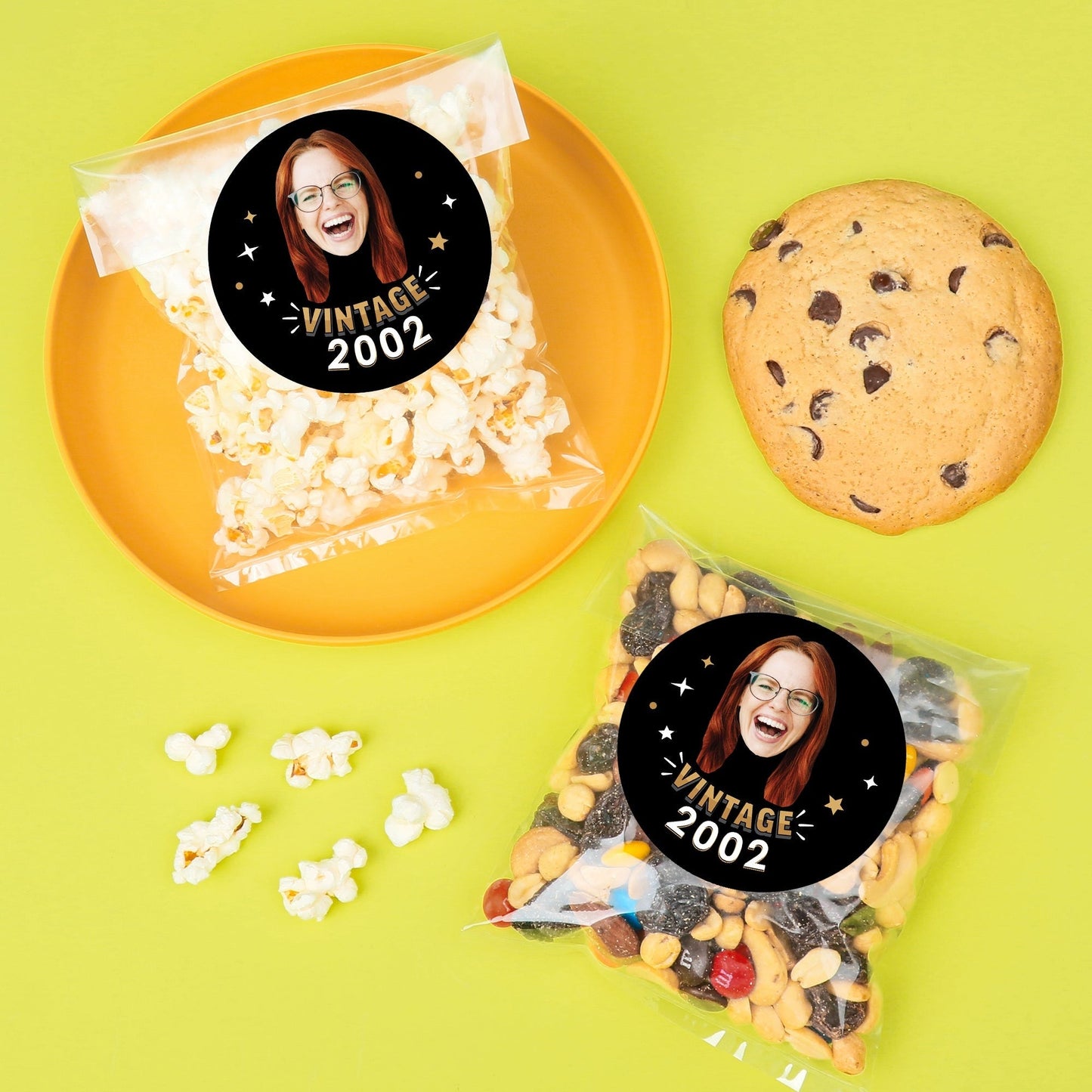 Custom Face Stickers & Clear Cookie Bags - Vintage Birthday