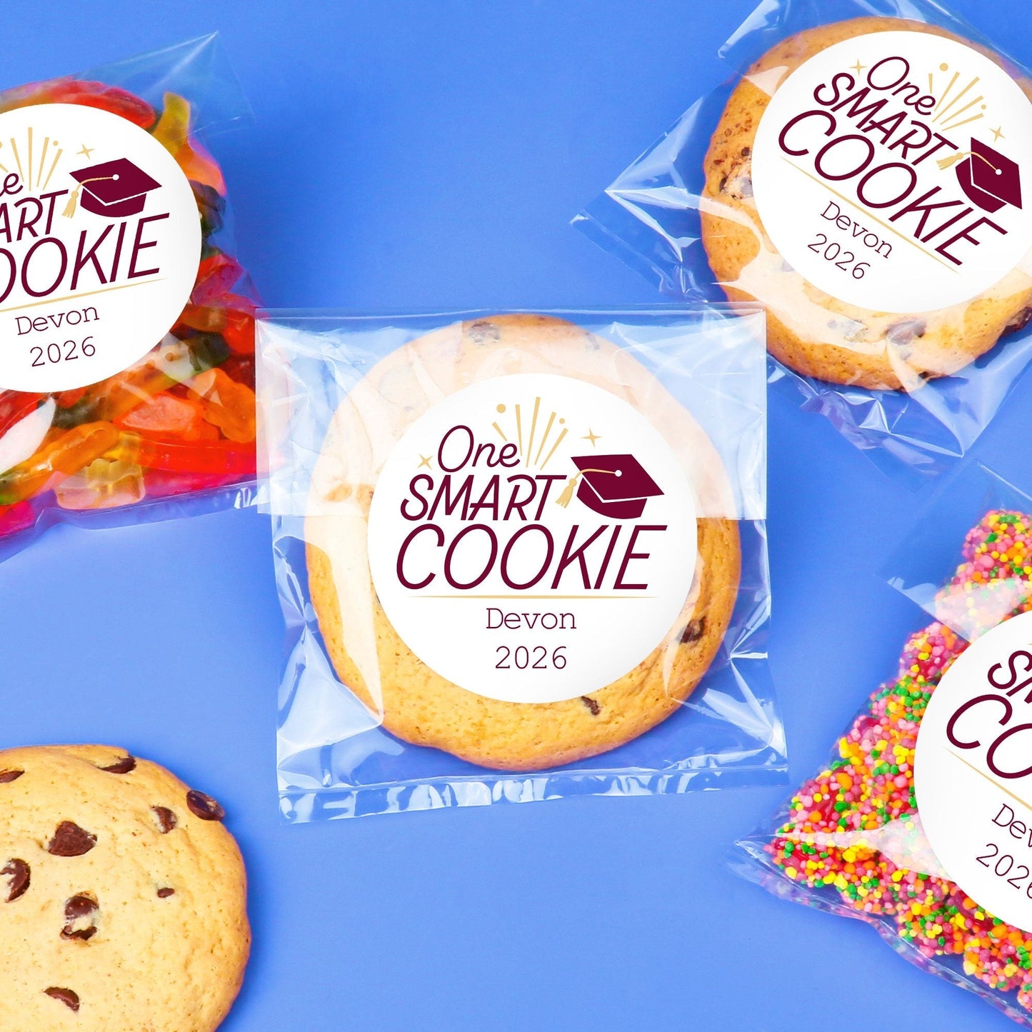 Custom Text Stickers & Clear Cookie Bags - Maroon Grad - 100 Ct