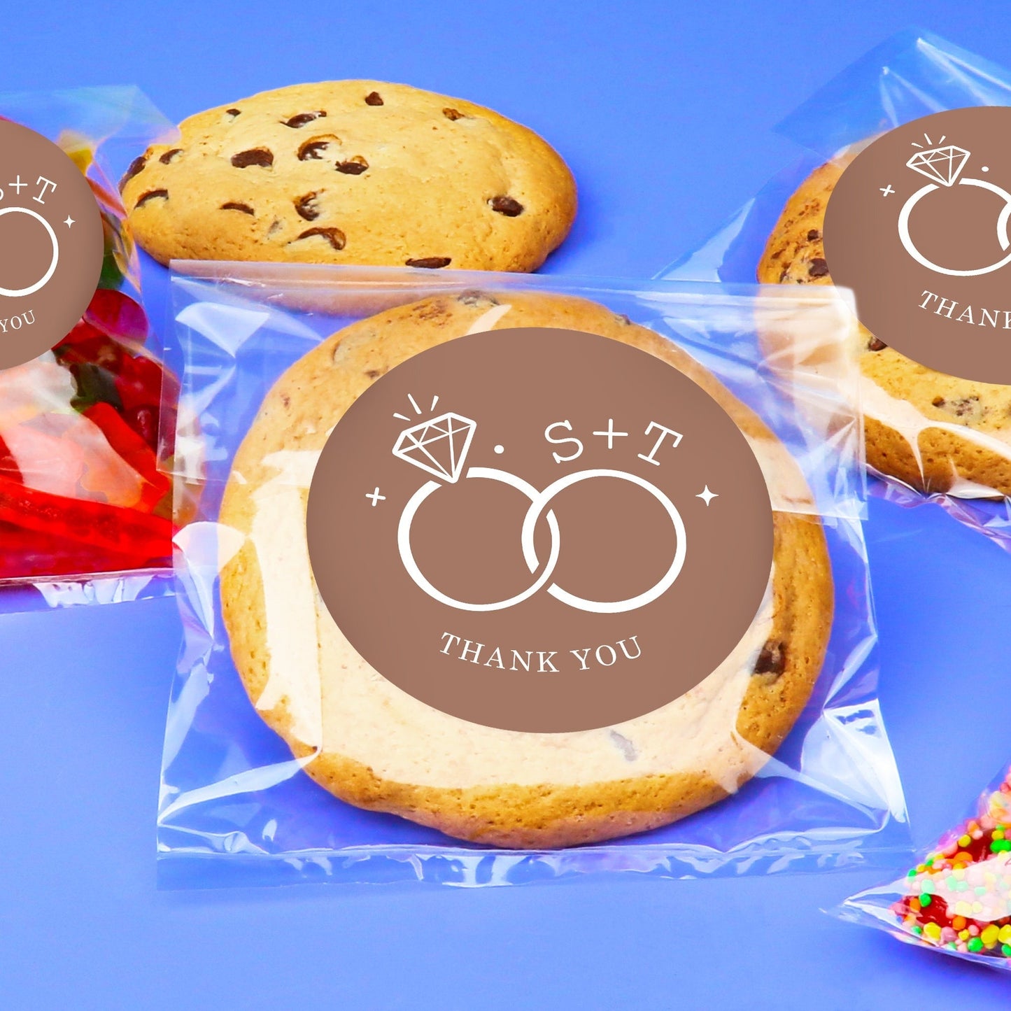 Custom Text Stickers & Clear Cookie Bags - Mocha Brown Wedding Rings