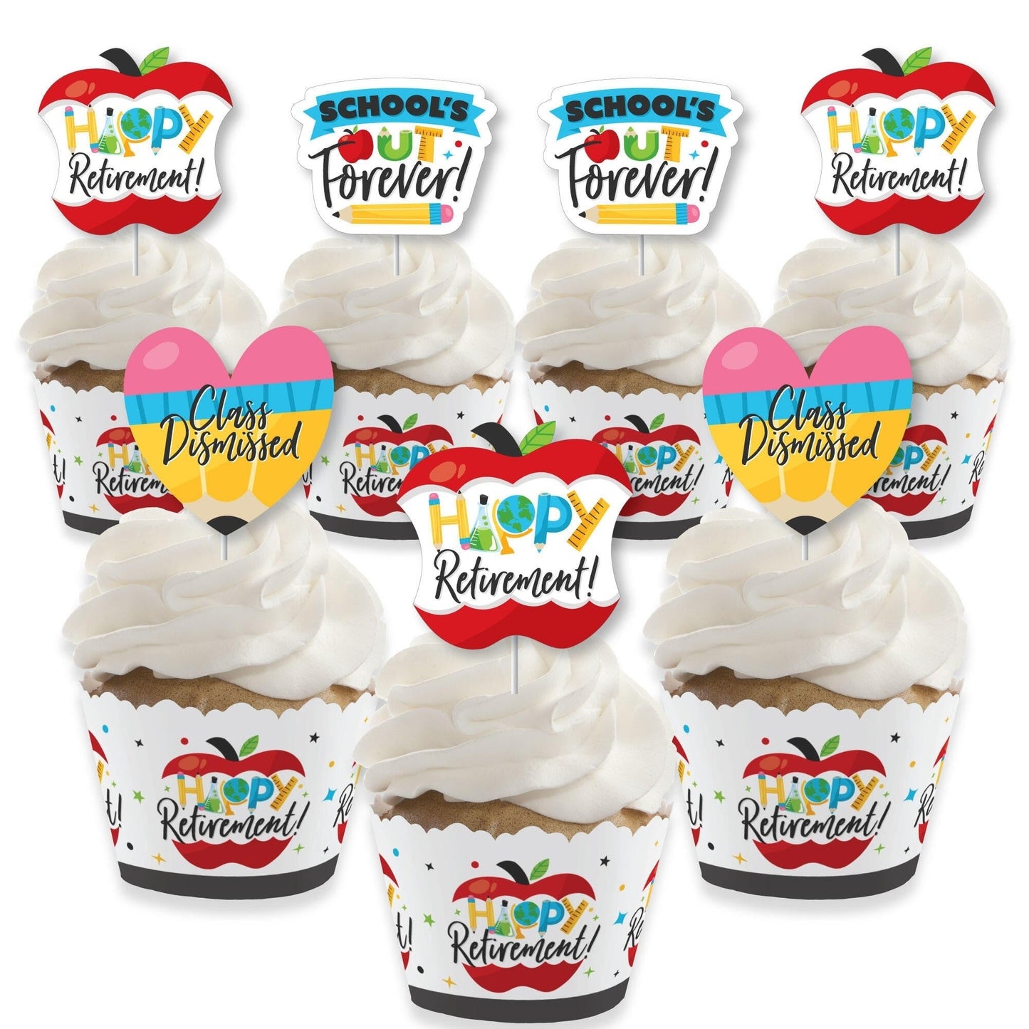 Teacher Retirement - Cupcake Decoration - Happy Retirement Party Cupcake Wrappers and Treat Picks Kit - Set of 24