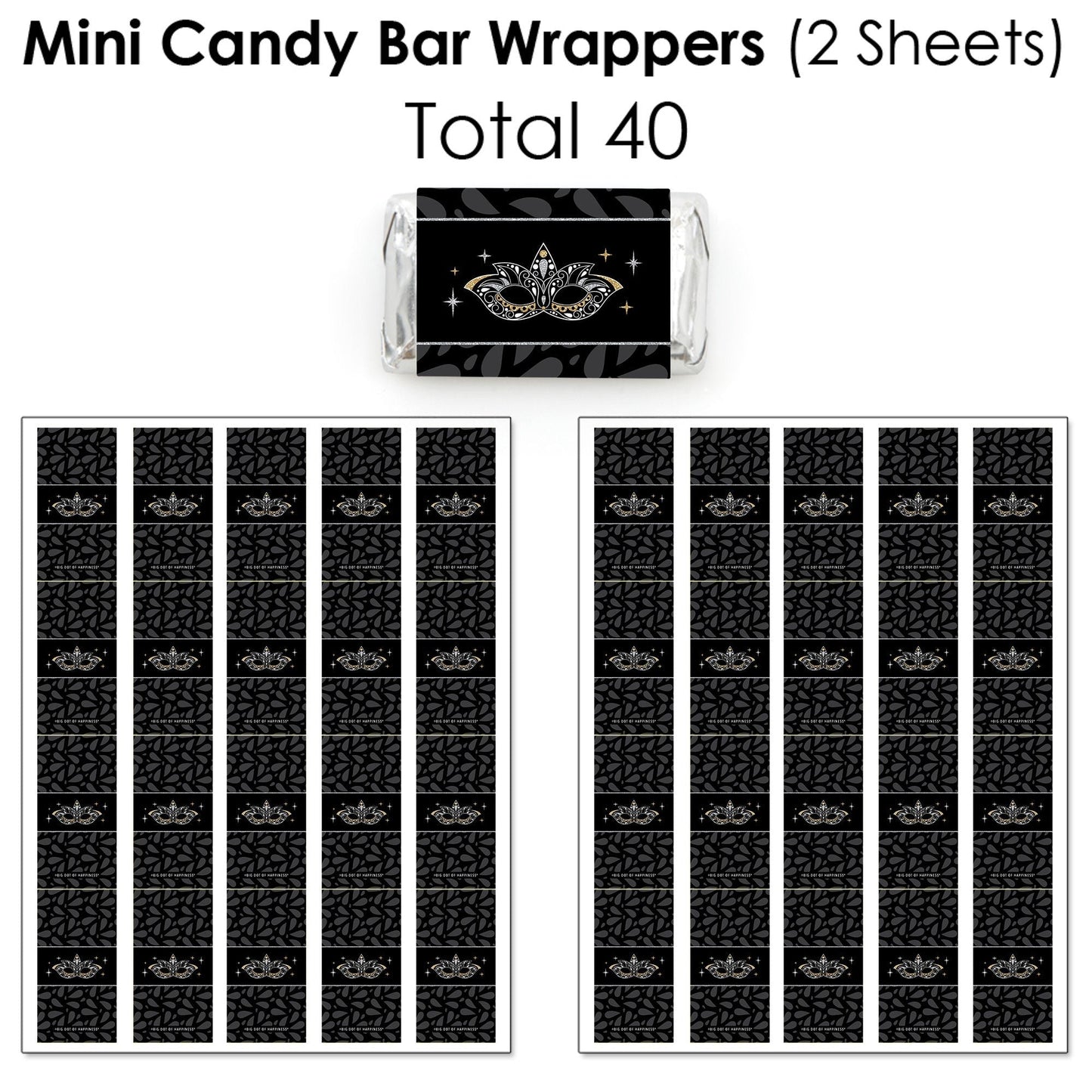 Masquerade - Mini Candy Bar Wrappers, Round Candy Stickers and Circle Stickers - Venetian Mask Party Candy Favor Sticker Kit - 304 Pieces