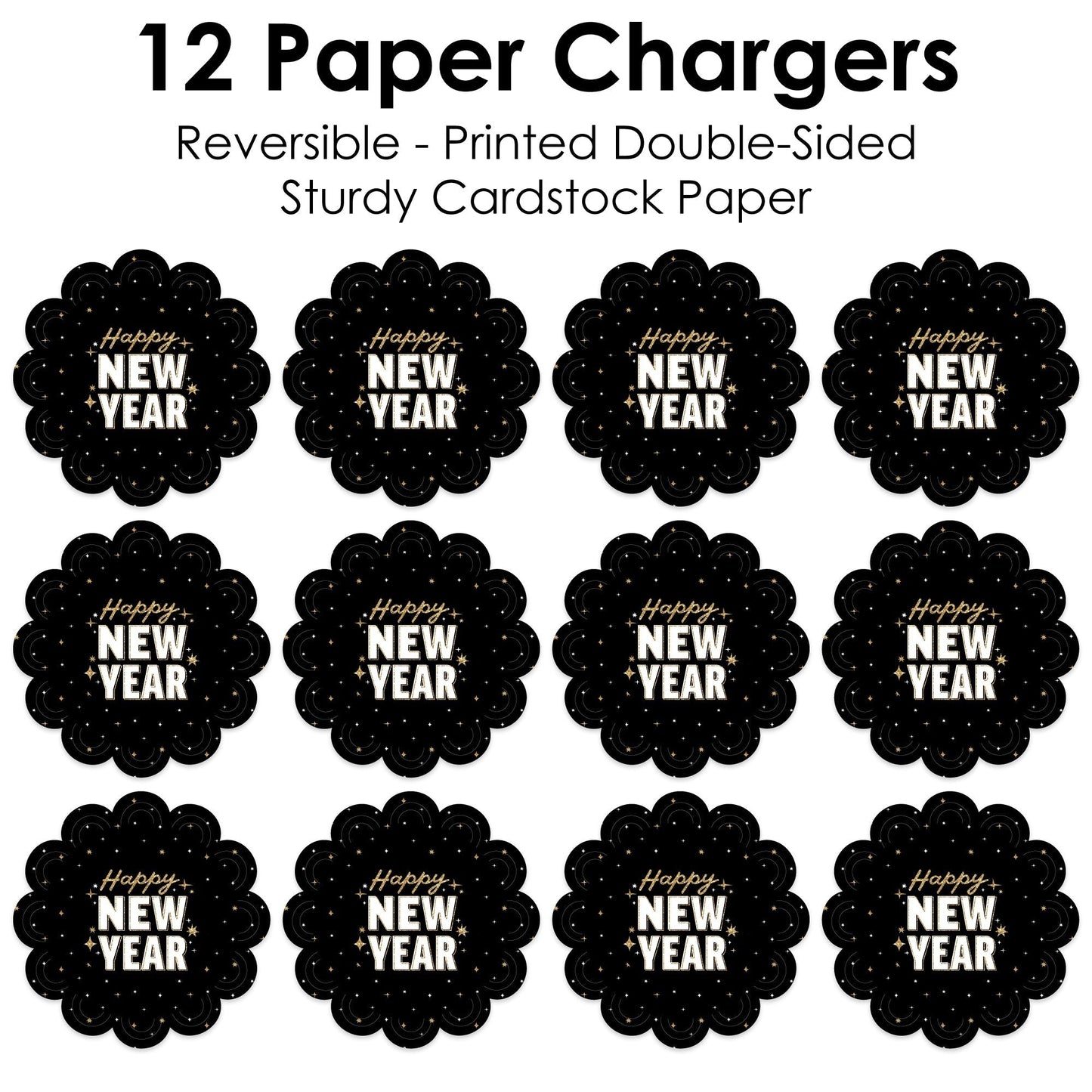 Hello New Year - NYE Party Round Table Decorations - Paper Chargers - Place Setting For 12