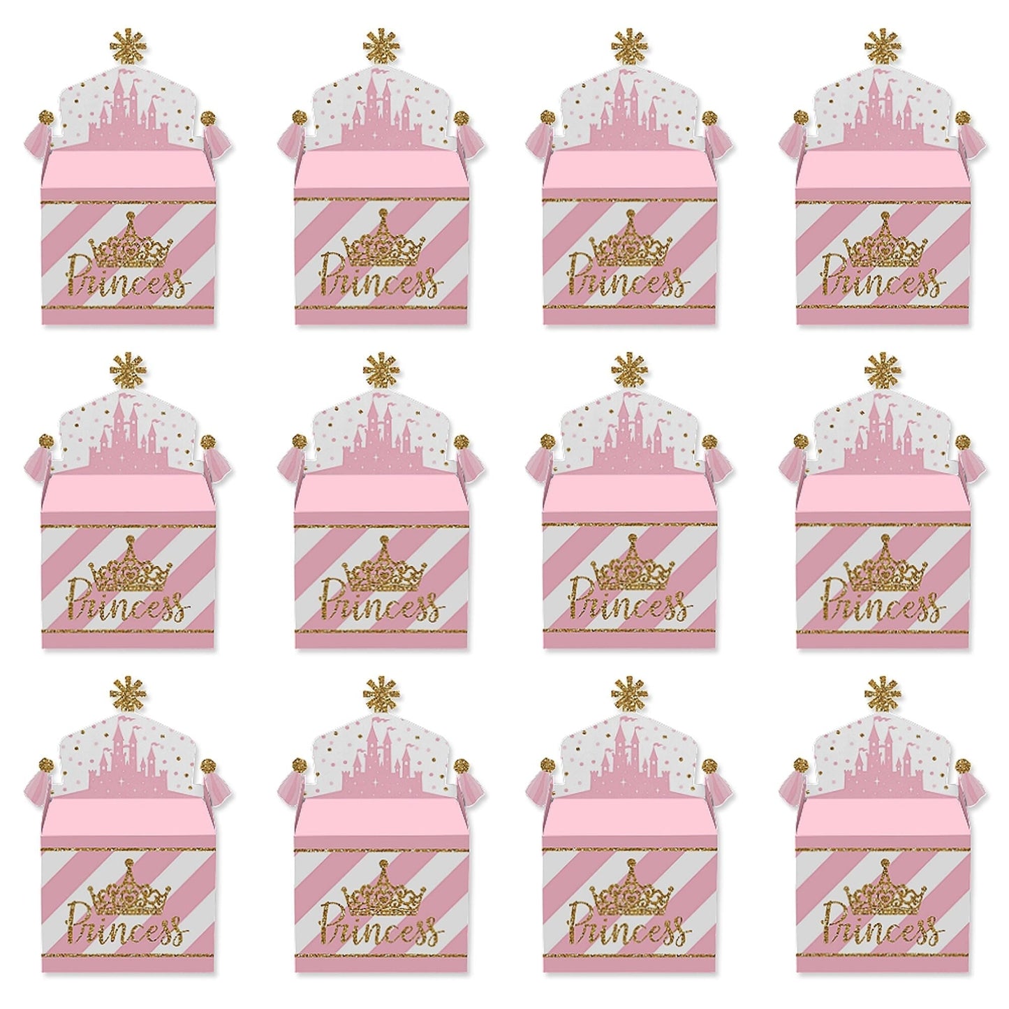 Little Princess Crown - Treat Box Party Favors - Pink and Gold Princess Baby Shower or Birthday Party Goodie Gable Boxes - Set of 12