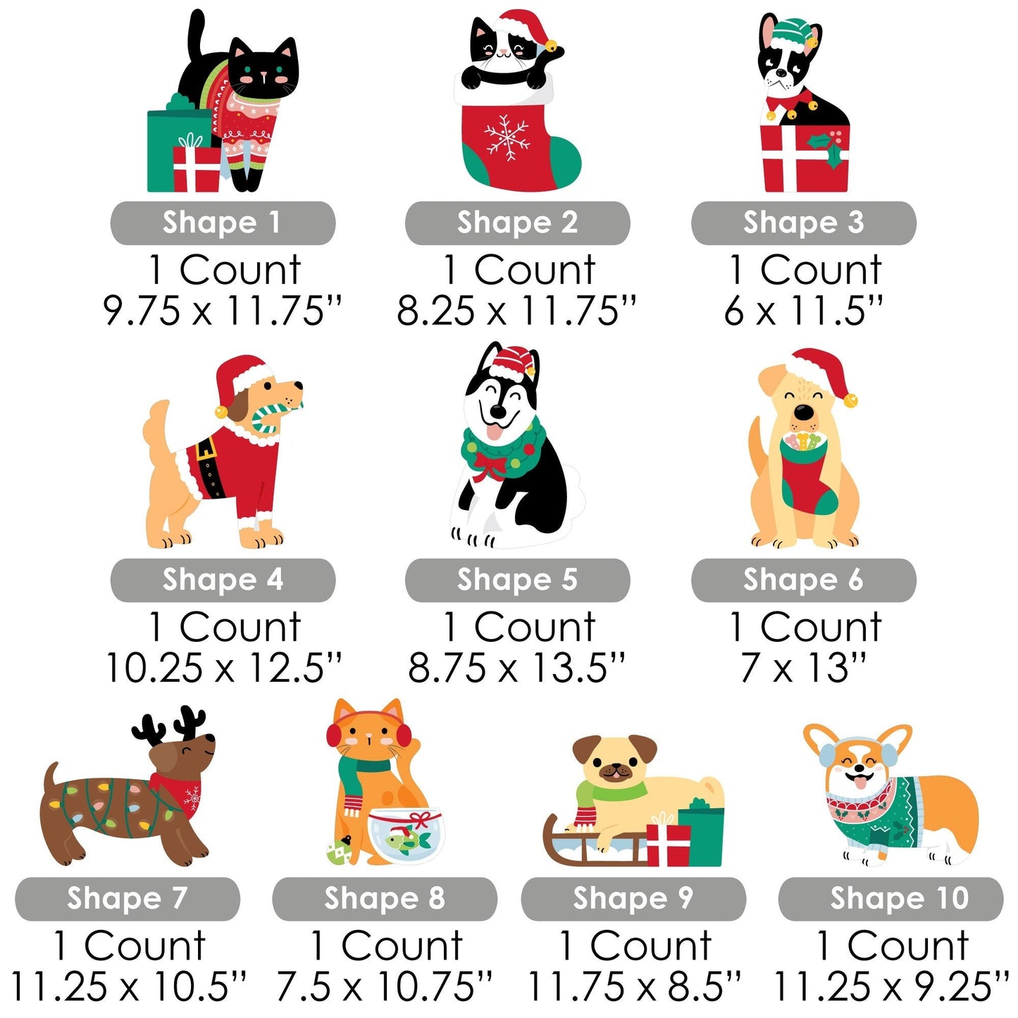 Christmas Pets - Lawn Decorations - Outdoor Cats and Dogs Holiday Party Yard Decorations - 10 Piece