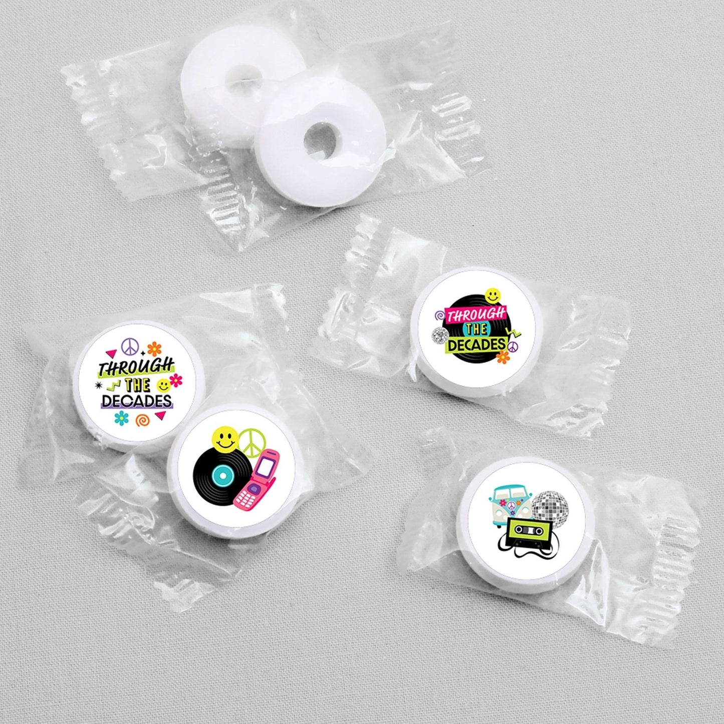 Through the Decades - 50s, 60s, 70s, 80s, and 90s Party Round Candy Sticker Favors - Labels Fit Chocolate Candy (1 sheet of 108)