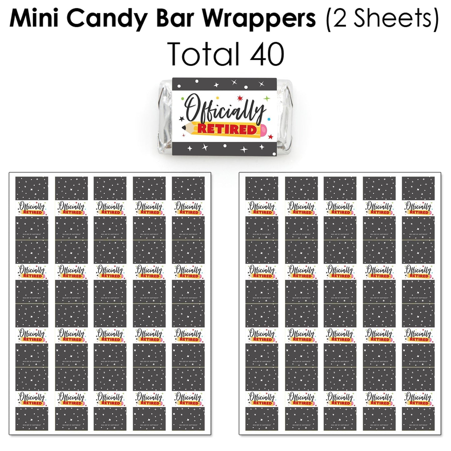 Teacher Retirement - Mini Candy Bar Wrappers, Round Candy Stickers and Circle Stickers - Happy Retirement Party Candy Favor Sticker Kit - 304 Pieces