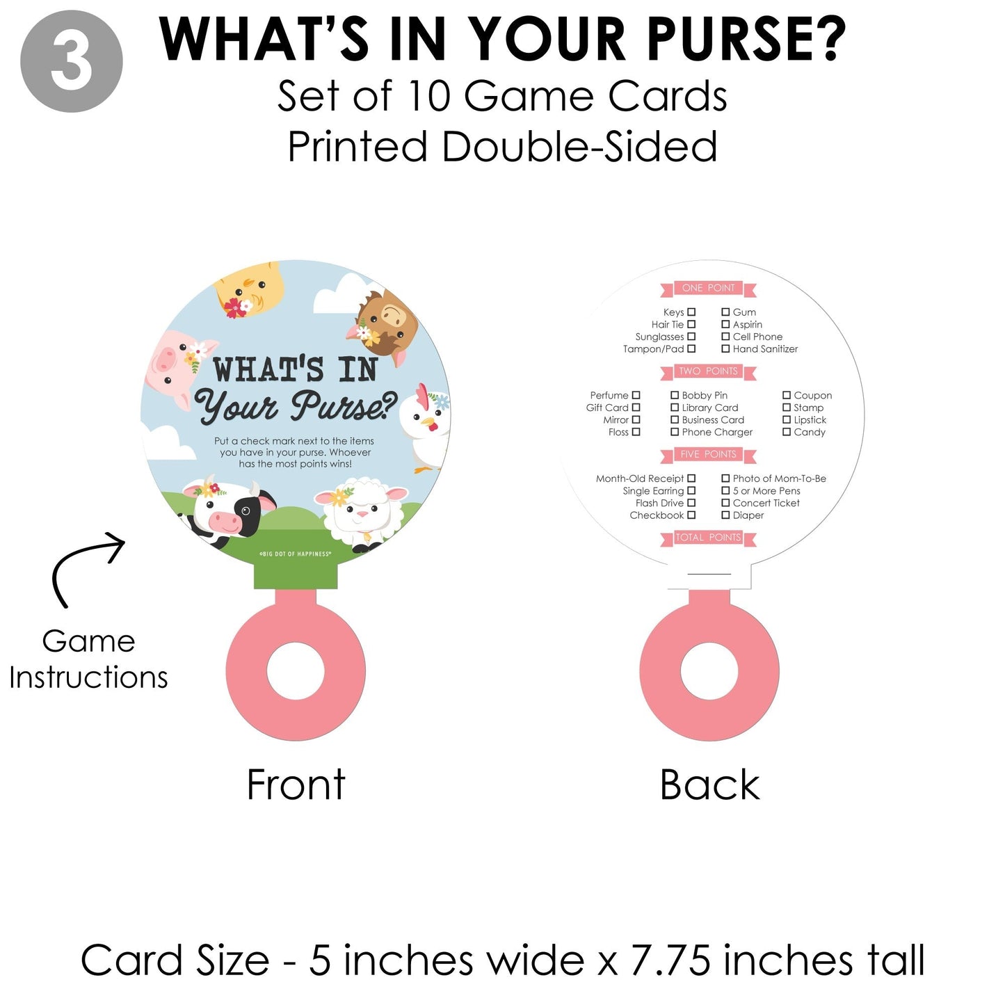 Girl Farm Animals - 4 Pink Barnyard Baby Shower Games - 10 Cards Each - Who Knows Mommy Best, Mommy or Daddy Quiz, What’s in Your Purse and Oh Baby - Gamerific Bundle