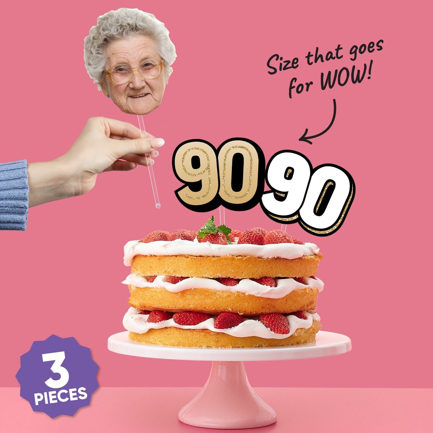 Custom Photo 90th Birthday Cake Topper - 3 Pc