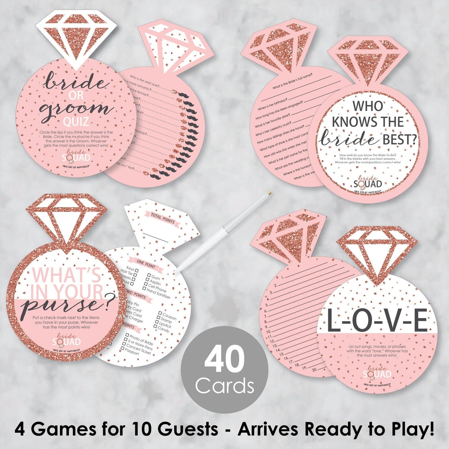 Bride Squad - 4 Rose Gold Bridal Shower or Bachelorette Party Games - 10 Cards Each - Who Knows The Bride Best, Bride or Groom Quiz, What's in Your Purse and Love - Gamerific Bundle