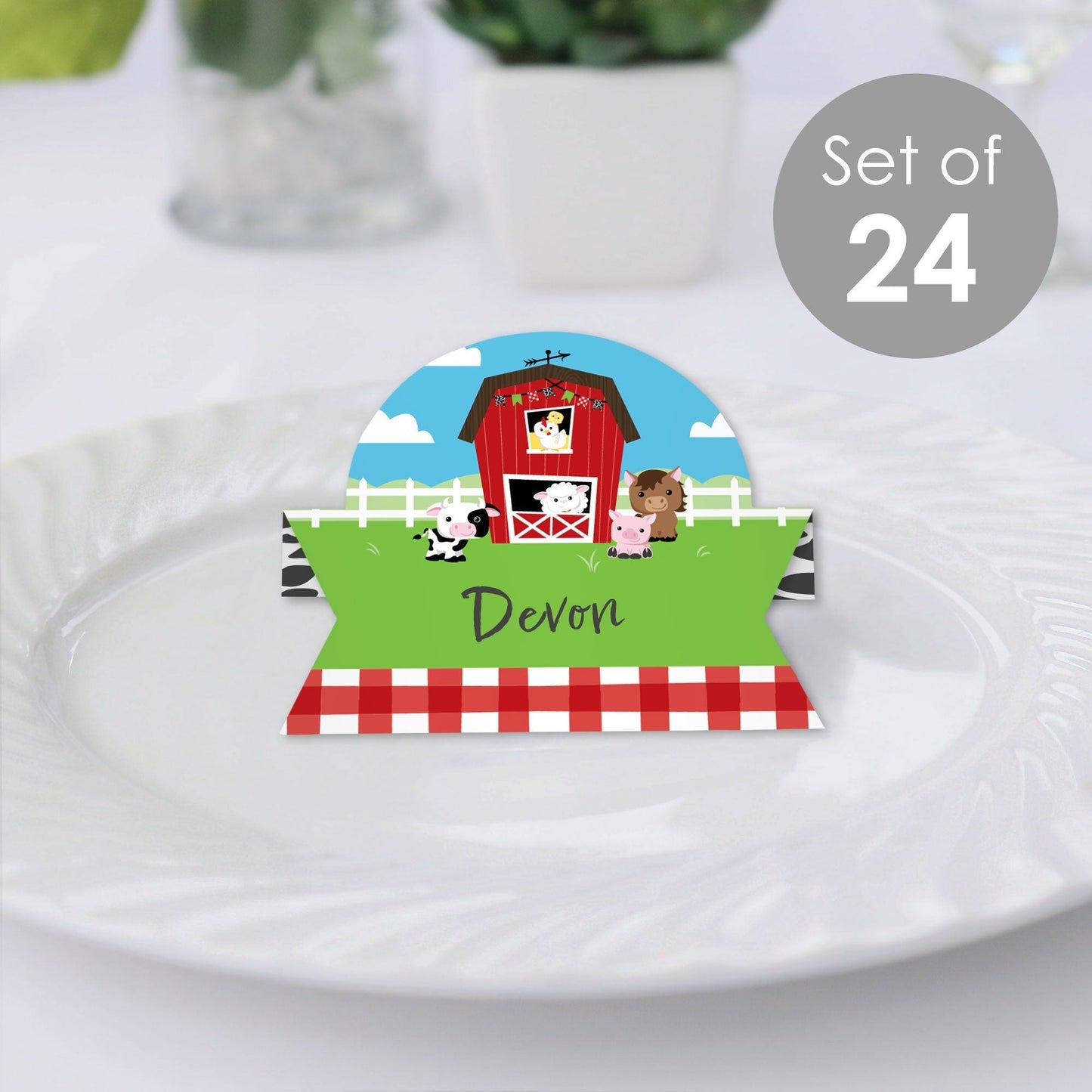 Farm Animals - Barnyard Baby Shower or Birthday Party Tent Buffet Card - Table Setting Name Place Cards - Set of 24