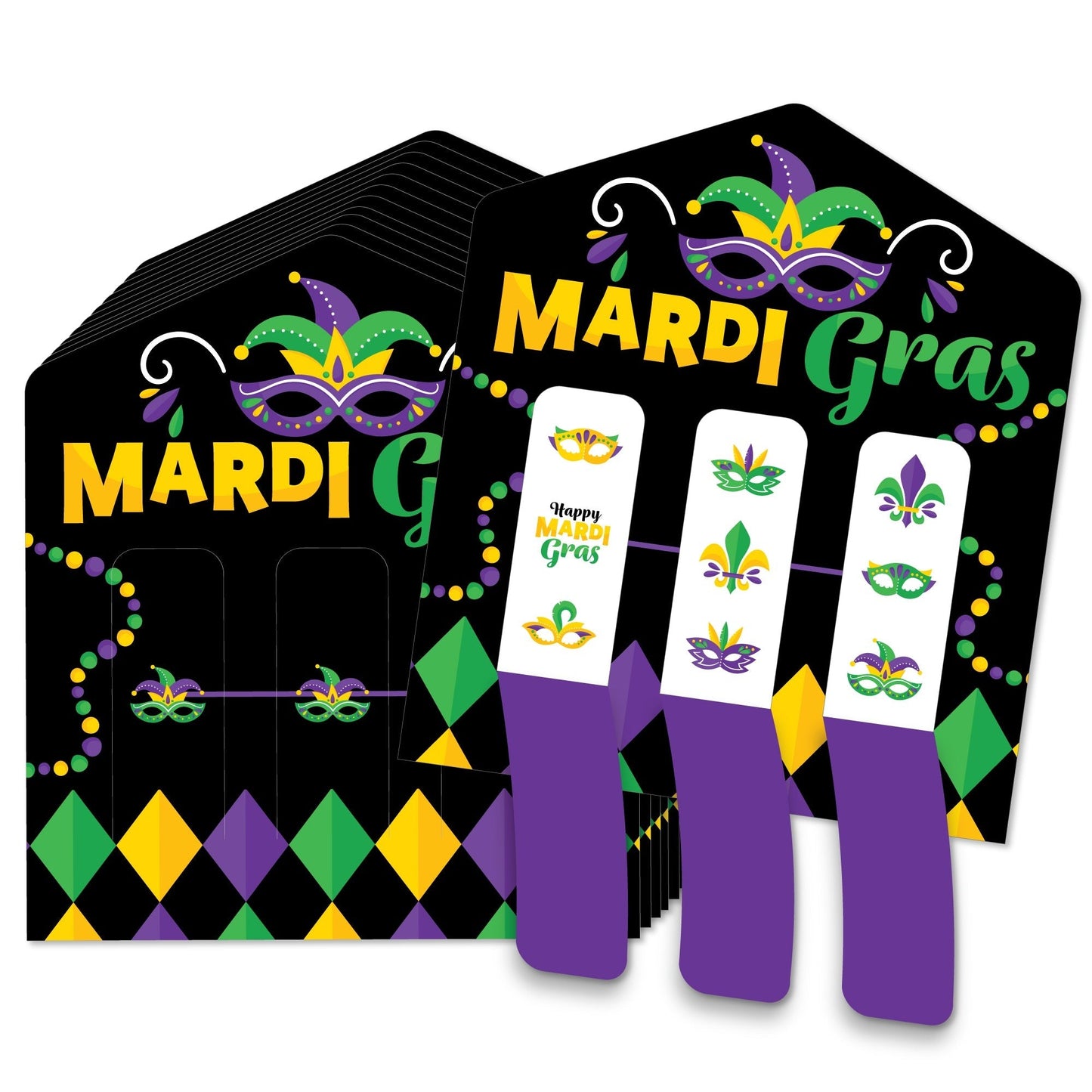 Colorful Mardi Gras Mask - Masquerade Party Game Pickle Cards - Pull Tabs 3-in-a-Row - Set of 12