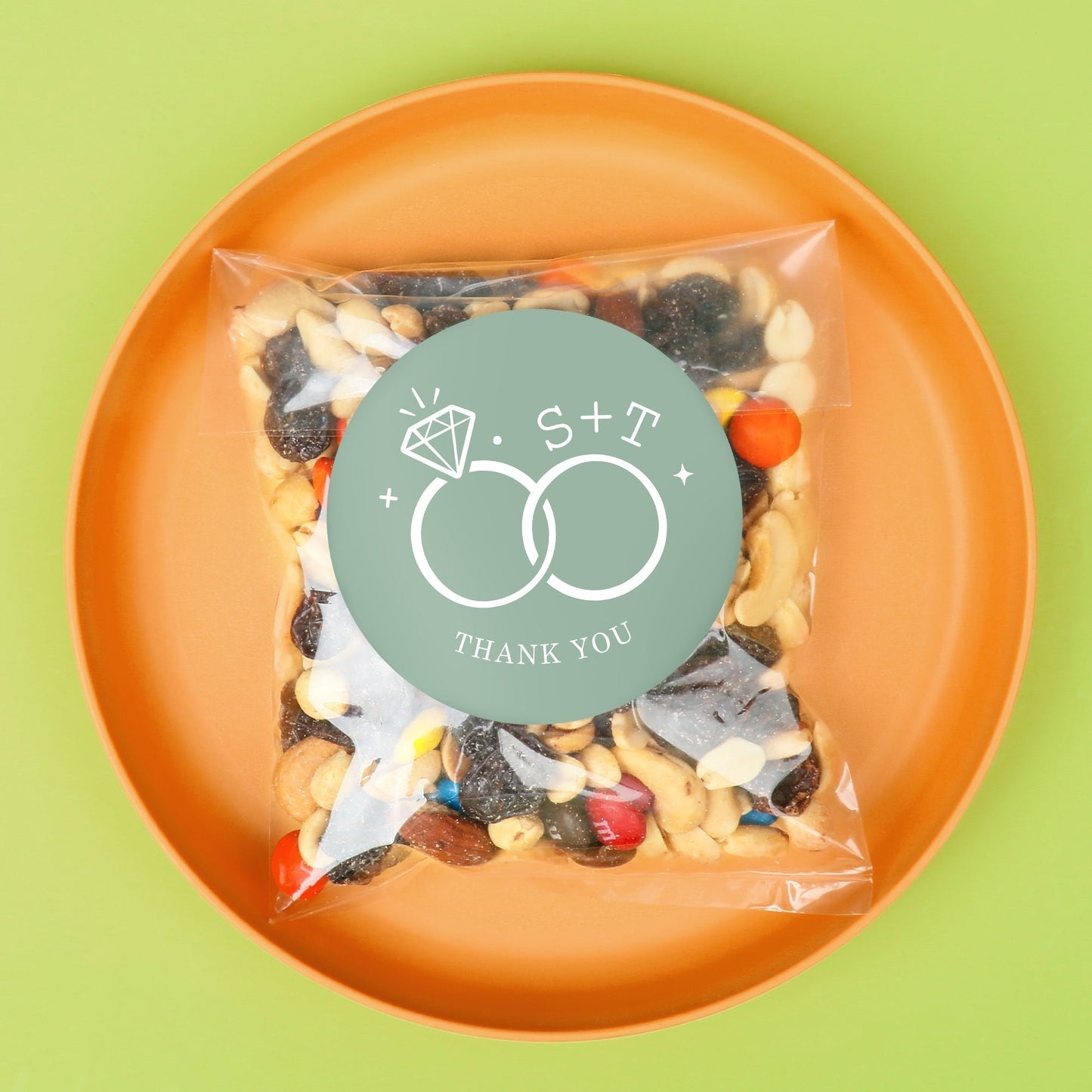 Custom Text Stickers & Clear Cookie Bags - Sage Green Wedding Rings