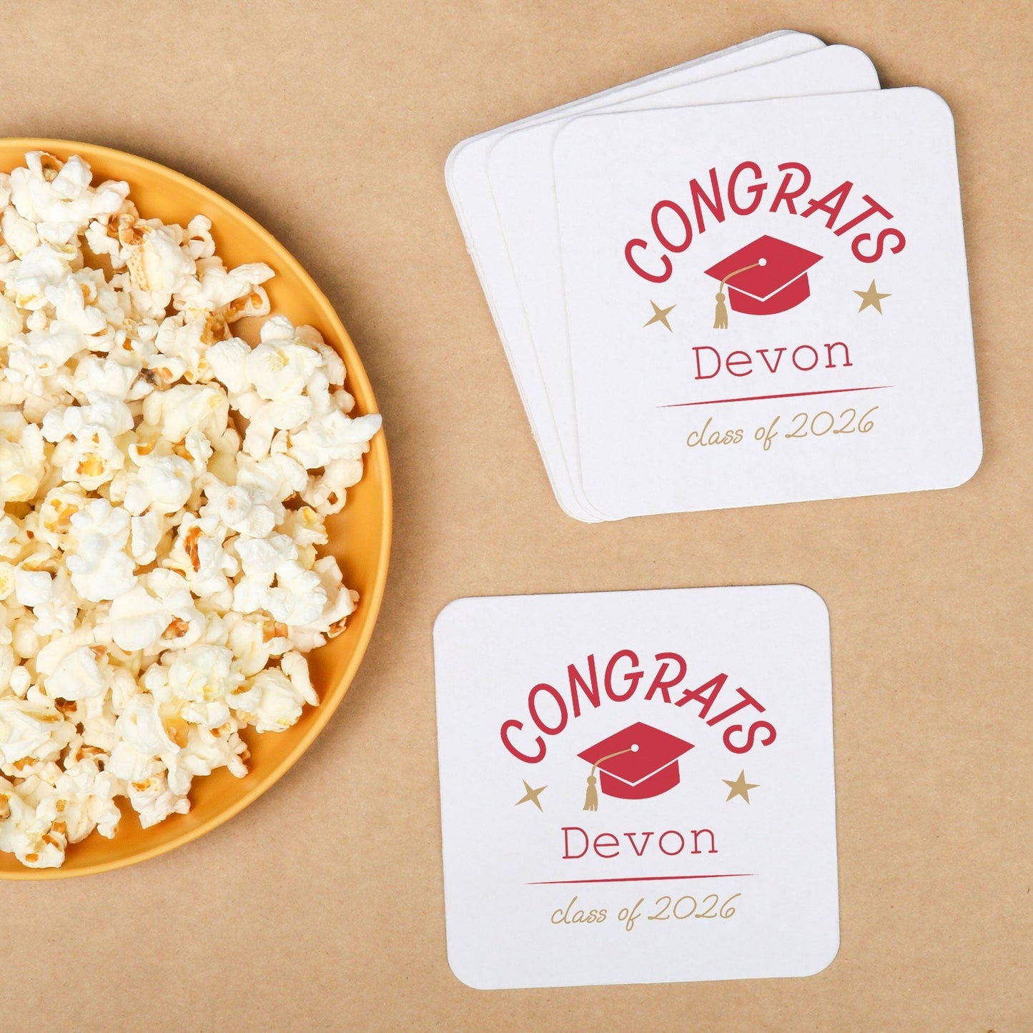 Custom Text Coasters - Red Graduation - 100 Ct