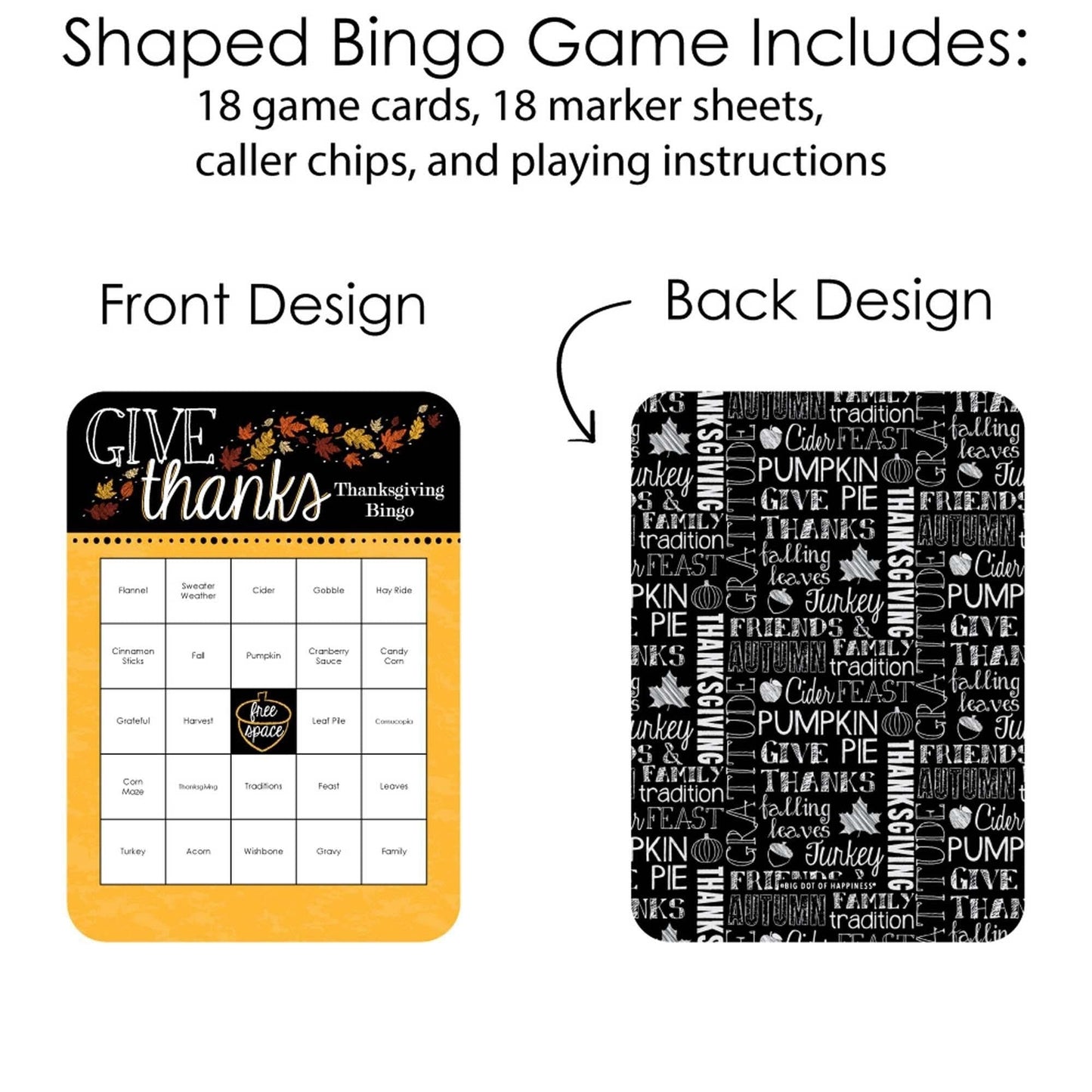 Give Thanks - Bingo Cards and Markers - Thanksgiving Party Bingo Game - Set of 18
