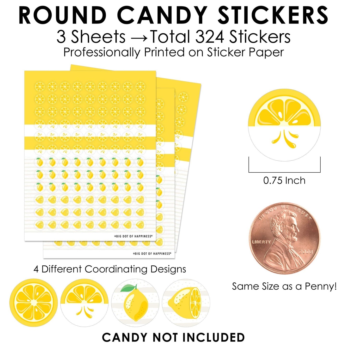 So Fresh - Lemon - Citrus Lemonade Party Small Round Candy Stickers - Party Favor Labels - 324 Count