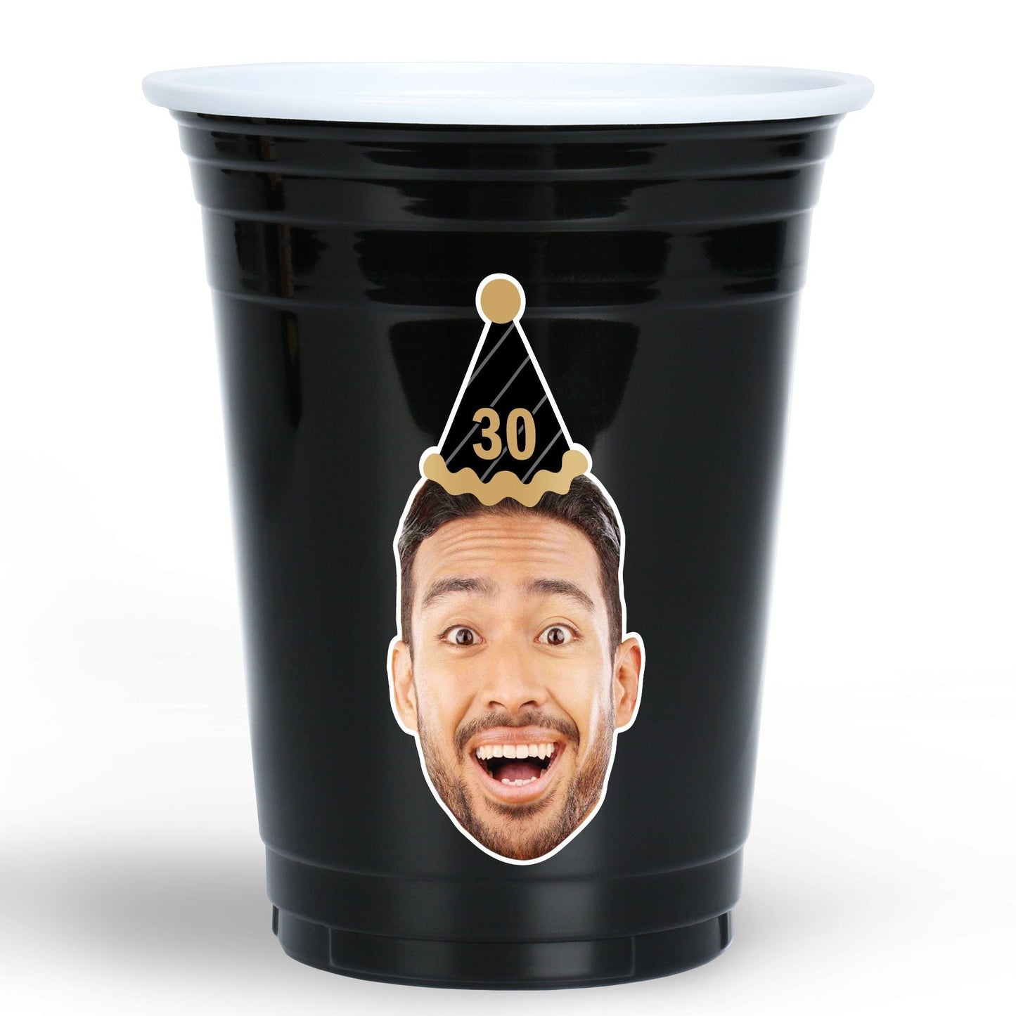 Custom Face Party Cups - Black & Gold Birthday - 16 Ct