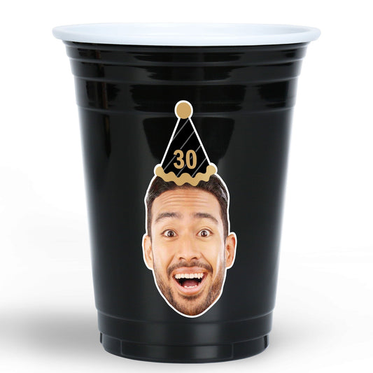 Custom Face Party Cups - Black & Gold Birthday - 16 Ct