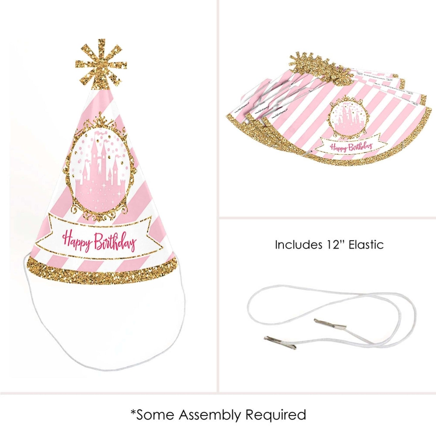 Little Princess Crown - Cone Pink and Gold Princess Happy Birthday Party Hats for Kids and Adults - Set of 8 (Standard Size)