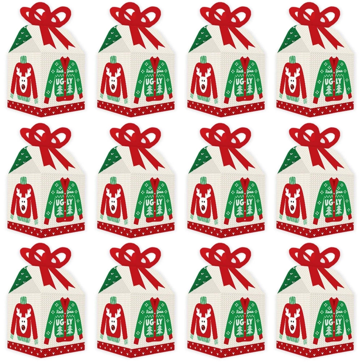 Ugly Sweater - Square Favor Gift Boxes - Holiday and Christmas Party Bow Boxes - Set of 12