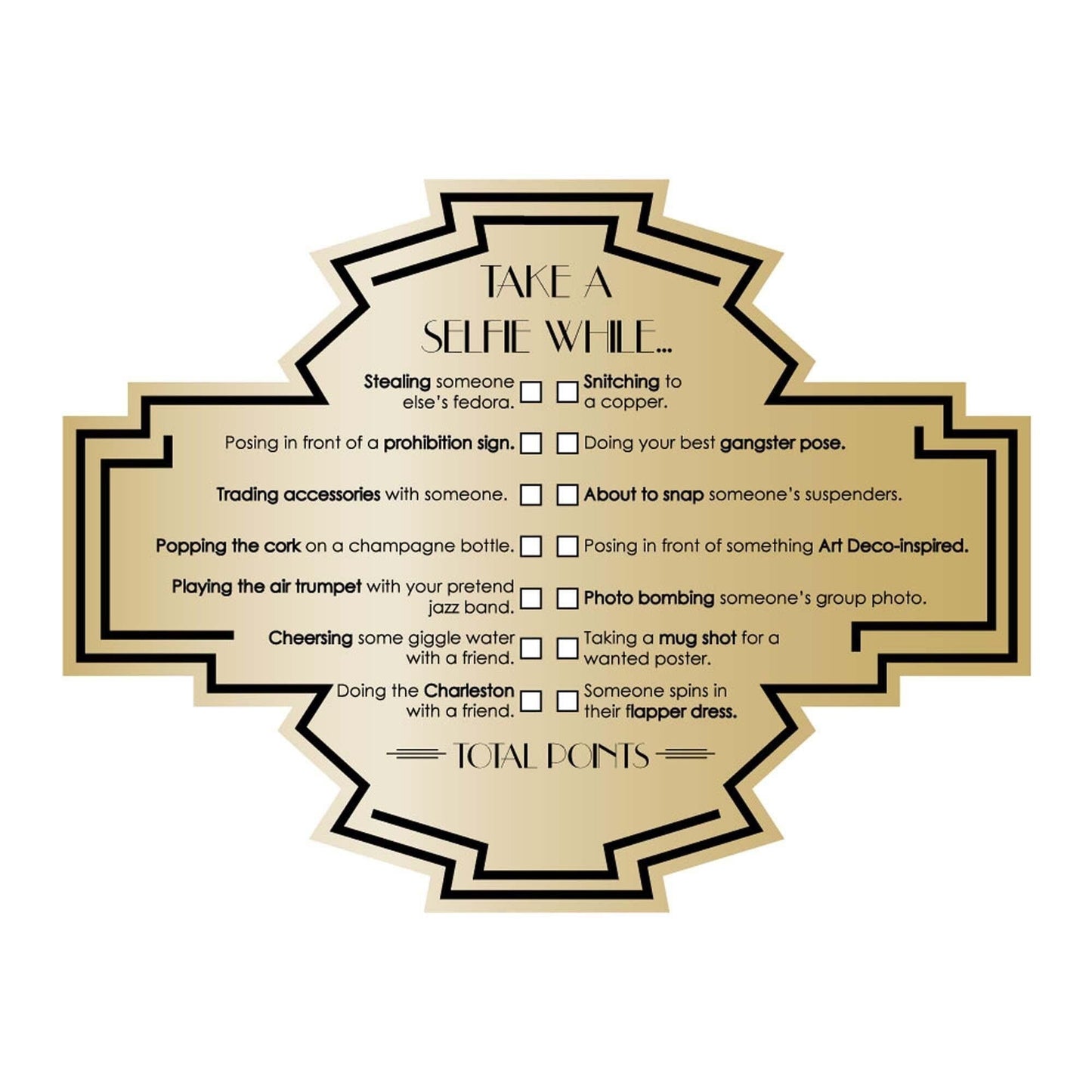 Roaring 20's - Selfie Scavenger Hunt - 1920s Art Deco Party Game - Set of 12