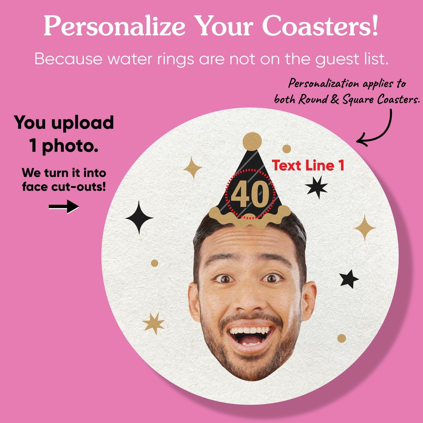 Custom Face Coasters - Black & Gold Birthday
