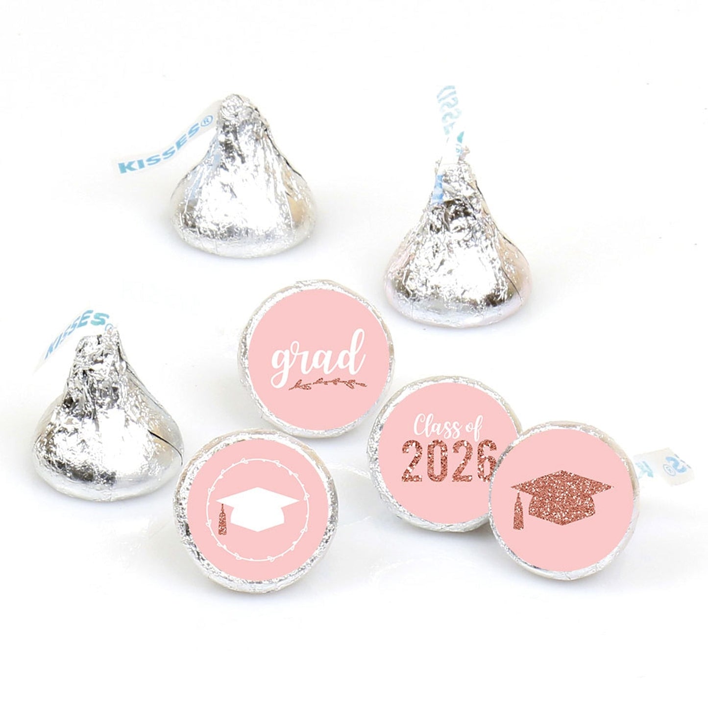 Rose Gold Grad - Round Candy Labels 2026 Graduation Party Favors - Fits Hershey's Kisses 108 ct