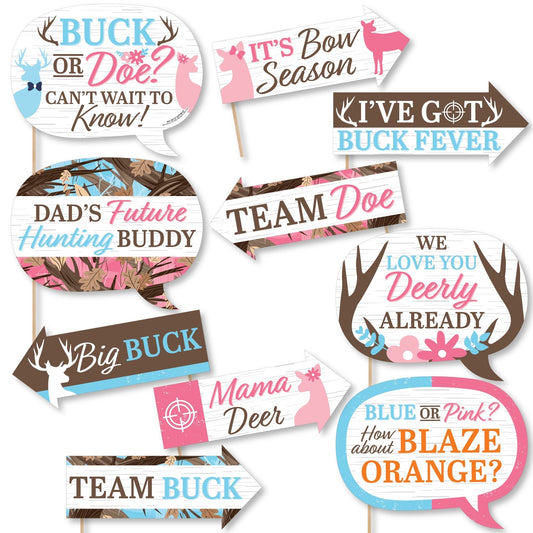 Funny Buck or Doe - Hunting Gender Reveal Party Photo Booth Props Kit - 10 Piece