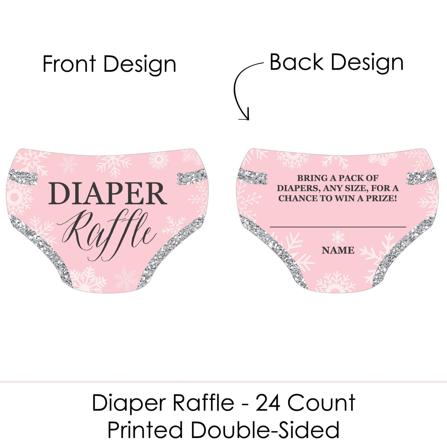 Pink Winter Wonderland - Diaper Shaped Raffle Ticket Inserts - Holiday Snowflake Baby Shower Activities - Diaper Raffle Game - Set of 24