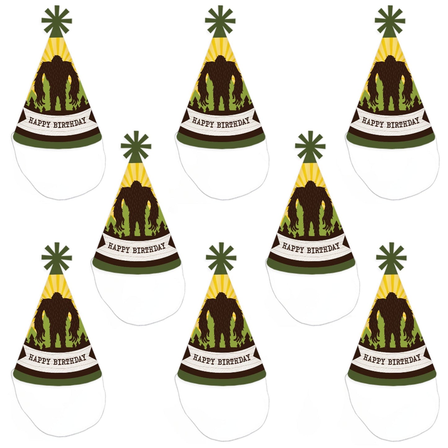 Sasquatch Crossing - Cone Happy Birthday Party Hats for Kids and Adults - Set of 8 (Standard Size)