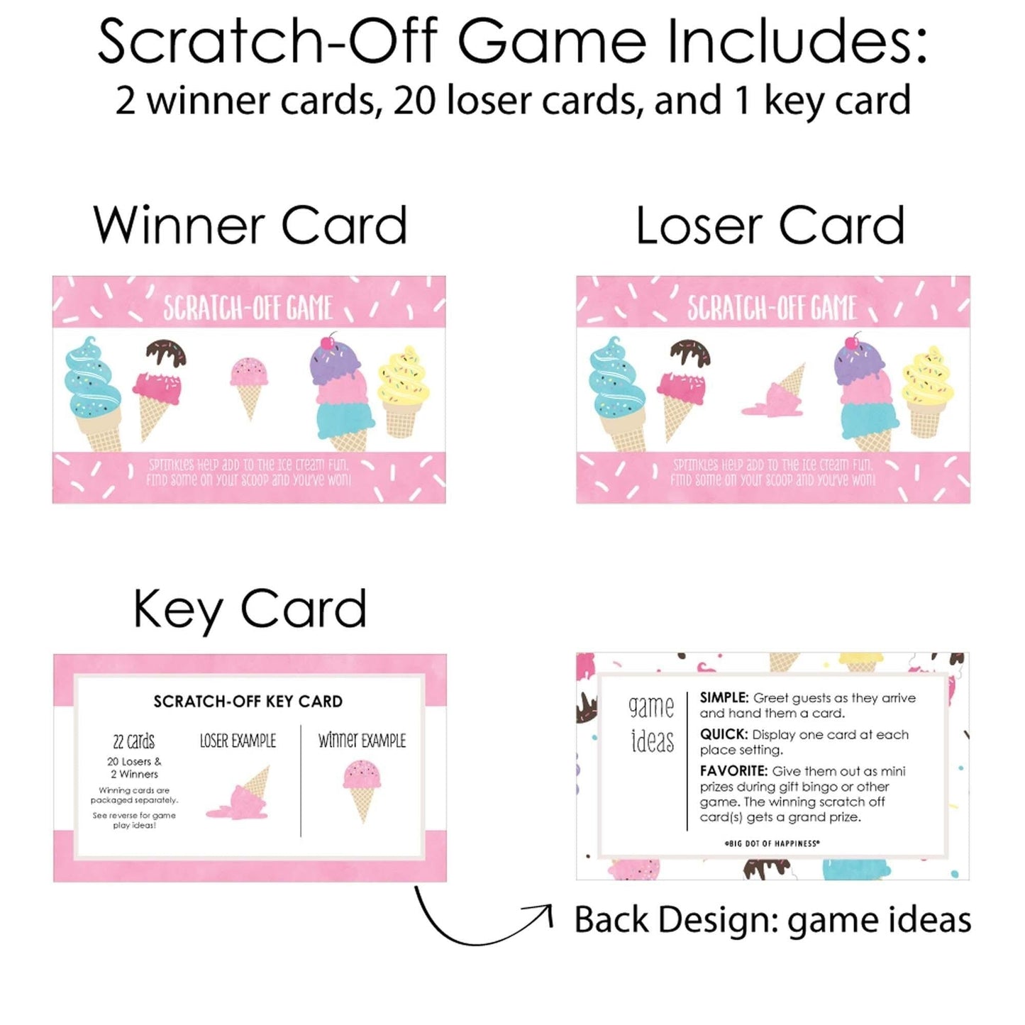 Scoop Up The Fun - Ice Cream - Sprinkles Party Game Scratch Off Cards - 22 ct