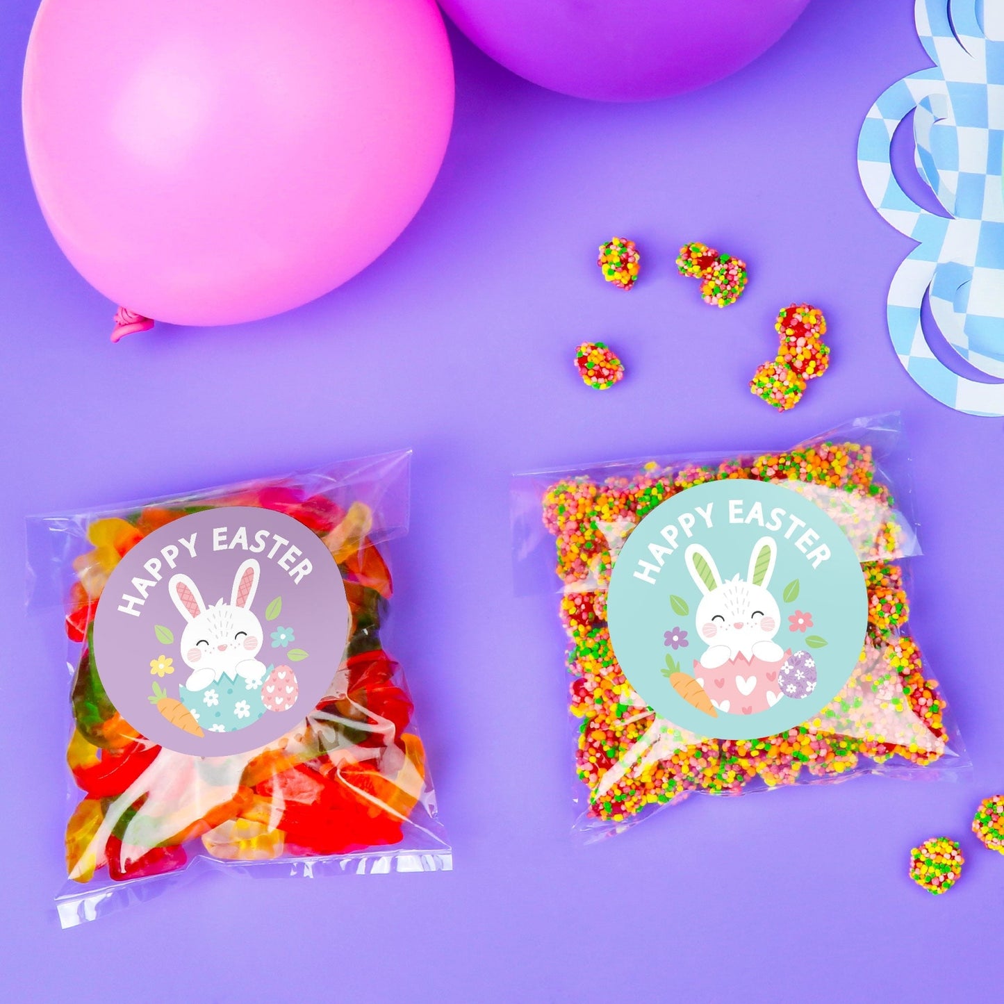 Happy Easter Bunny Stickers & Clear Cookie Bags - 25 Ct