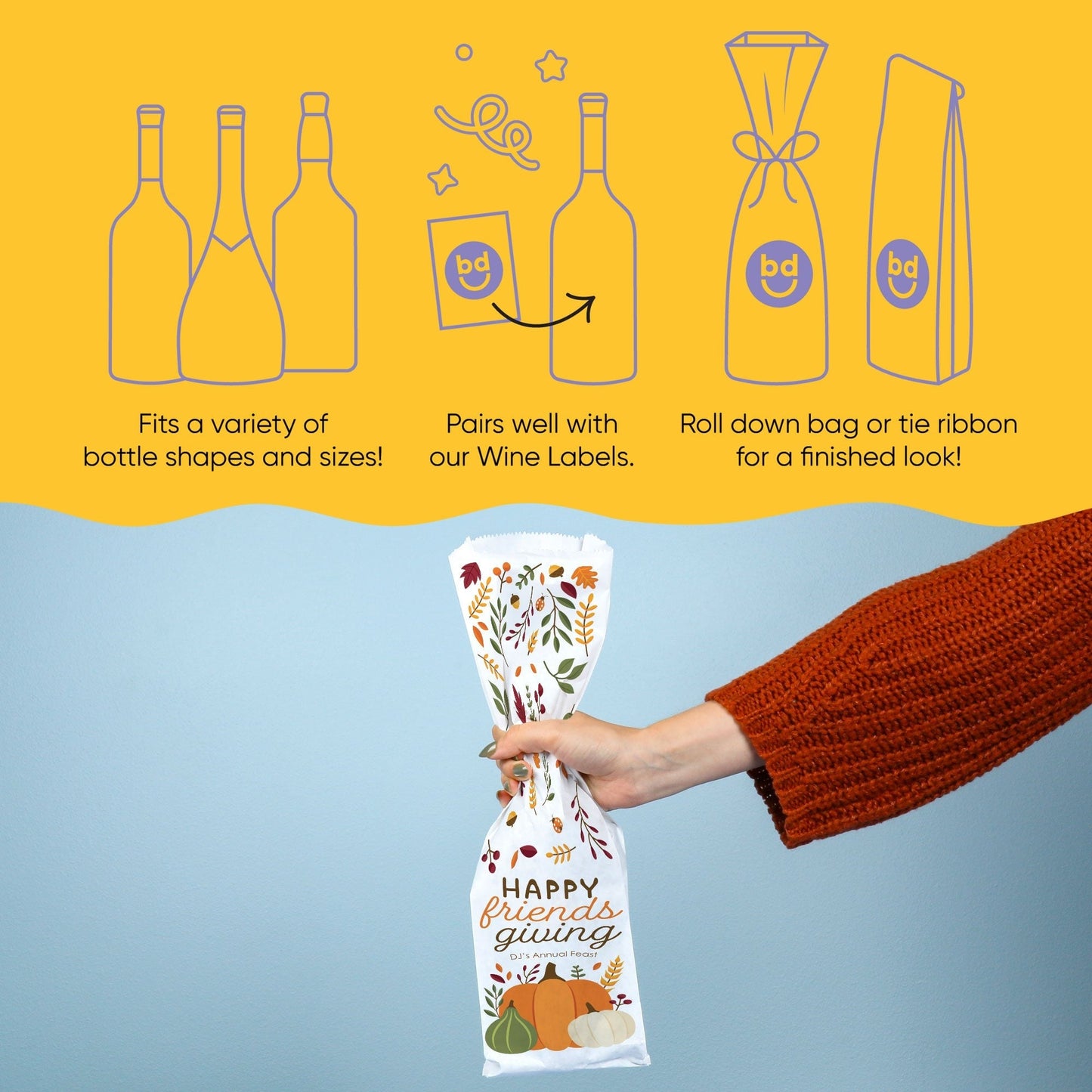 Custom Text Wine Bags - Fall Friends Thanksgiving