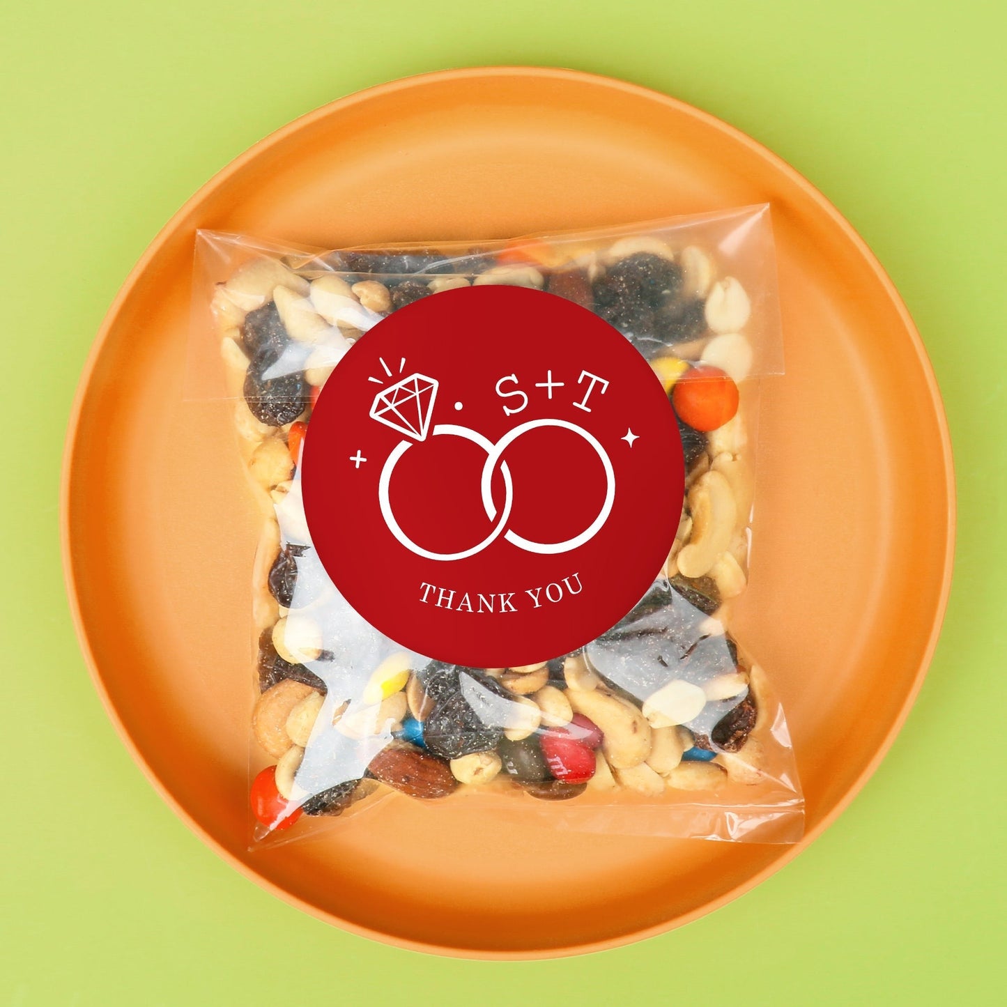 Custom Text Stickers & Clear Cookie Bags - Cherry Red Wedding Rings