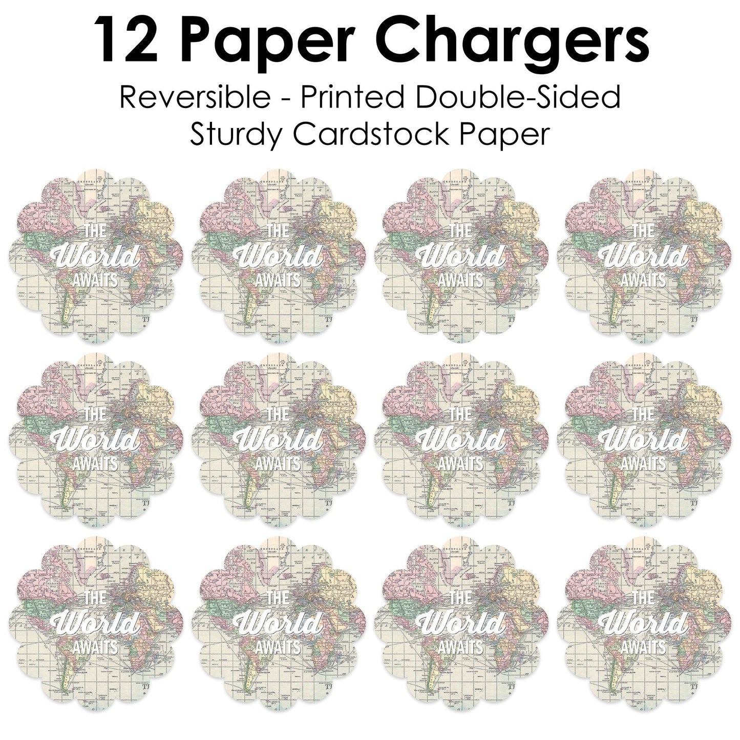 World Awaits - Travel Themed Party Round Table Decorations - Paper Chargers - Place Setting For 12