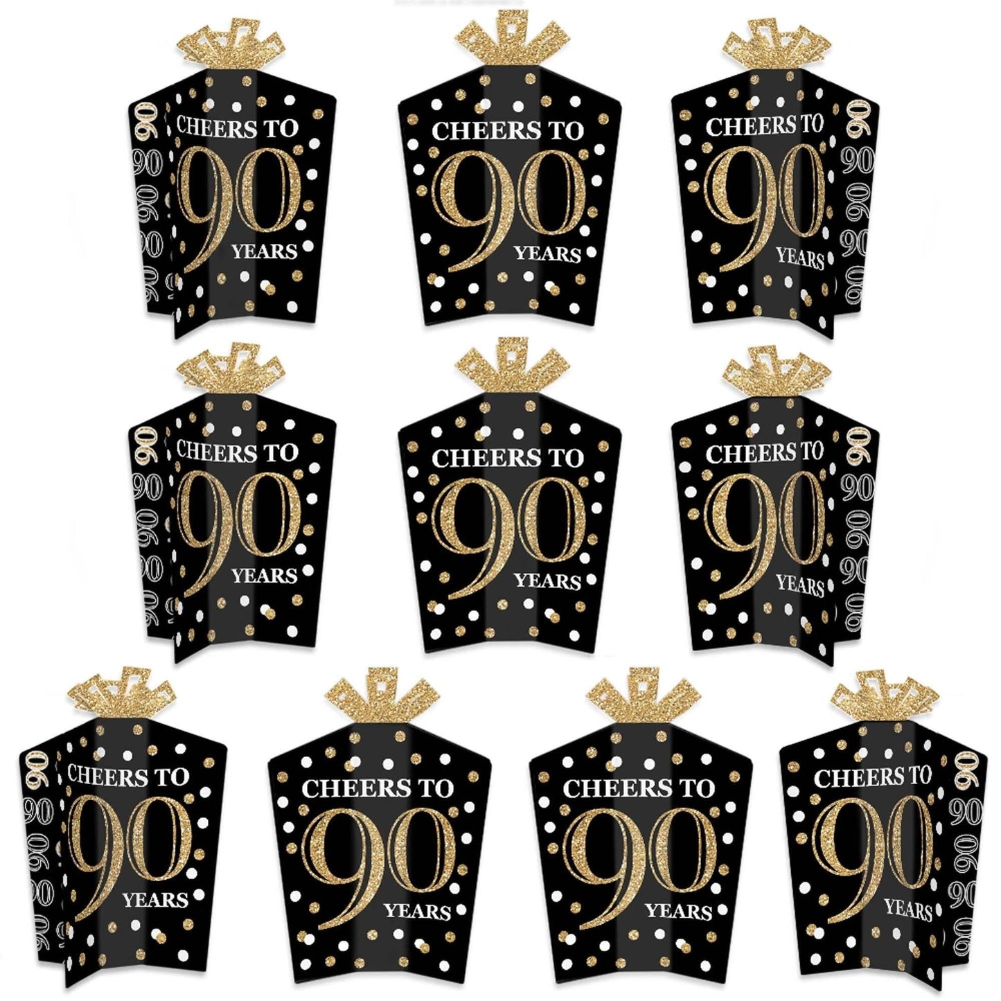Adult 90th Birthday - Gold - Table Decorations - Birthday Party Fold and Flare Centerpieces - 10 Count