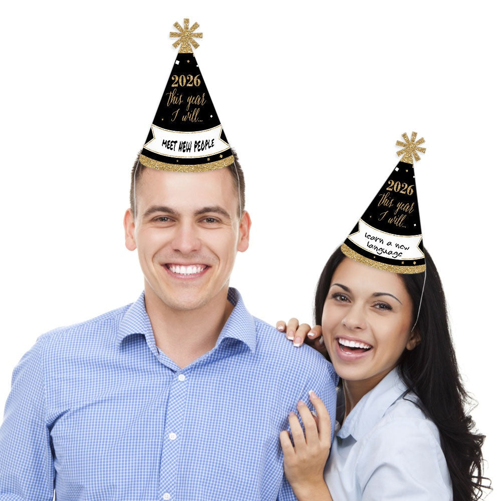 New Year's Eve - Gold - 2026 New Year's Eve Resolution Cone Party Hats for Adults - Set of 8 (Standard Size)