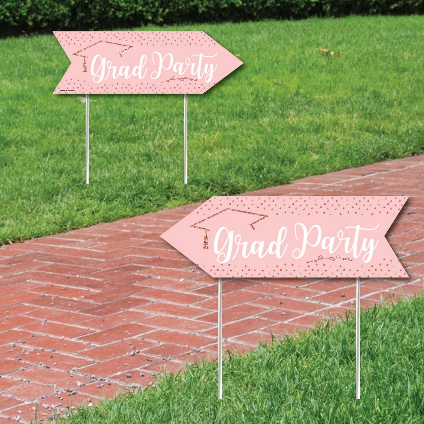 Rose Gold Grad - Graduation Party Sign Arrow - Double Sided Directional Yard Signs - Set of 2