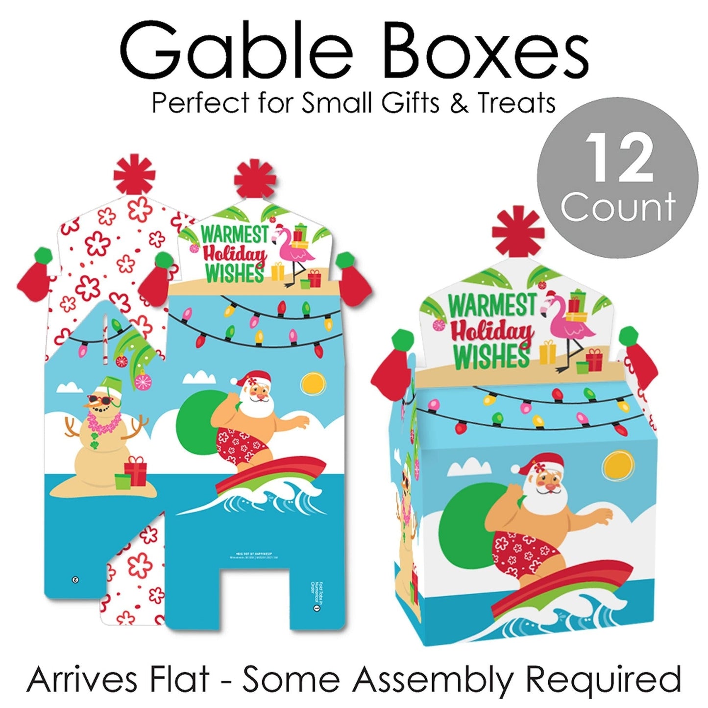 Tropical Christmas - Treat Box Party Favors - Beach Santa Holiday Party Goodie Gable Boxes - Set of 12