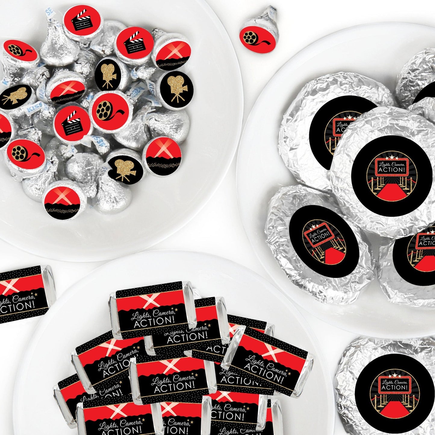 Red Carpet - Mini Candy Bar Wrappers, Round Candy Stickers and Circle Stickers - Movie Night Party Candy Favor Sticker Kit - 304 Pieces